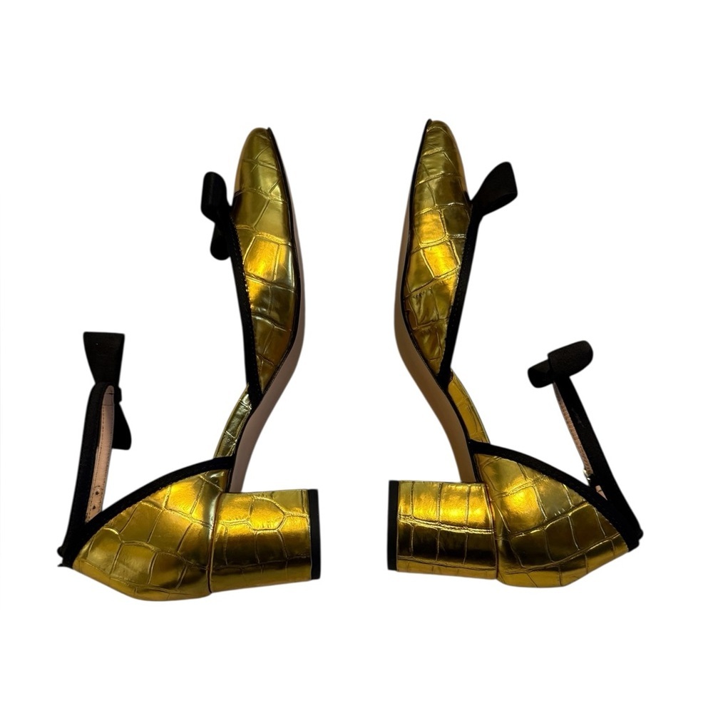 Millie Bow Ankle-Strap Heels in Metallic Croc-Embossed Leather in Gold Size 8.5 - Picture 9 of 13